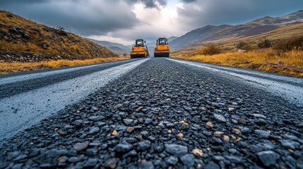 Two yellow road rollers smoothing asphalt on a mountain road.