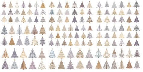 Christmas tree hand drawn illustrations. Various decorative Christmas trees in different styles and colors on a white background copy space