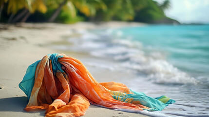 A colorful sarong lays on a sandy beach with waves crashing in the background.