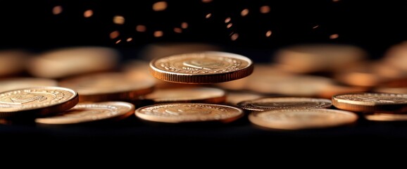 A single gold coin hovers above a pile of coins on a black background.