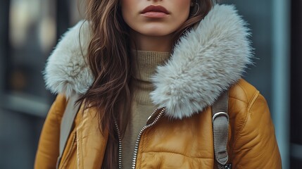 Closeup of a woman wearing a stylish yellow leather jacket with a white fur collar.