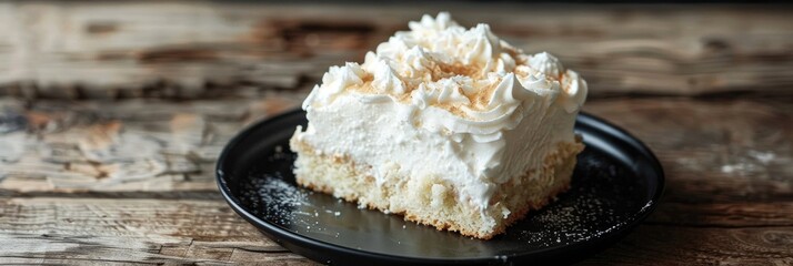 Poster - Three milks cake served on a dark plate atop a wooden surface