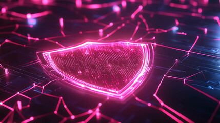 A glowing pink shield with digital code in the center surrounded by lines of data.