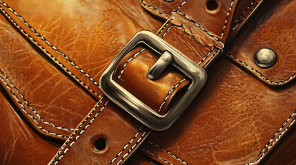 Close up of brown leather bag with a metal buckle.