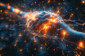 Wall Mural -  Human brain stimulation or activity with neuron close-up 3D rendering illustration. Neurology, cognition, neuronal network, psychology, neuroscience scientific concepts design 