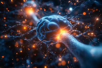 Wall Mural -  Human brain stimulation or activity with neuron close-up 3D rendering illustration. Neurology, cognition, neuronal network, psychology, neuroscience scientific concepts design 