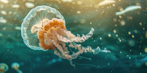 Wall Mural - Majestic Rhizostoma pulmo jellyfish gracefully drifts with the ocean current