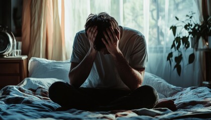 Emotionally distressed man seated on bed, hiding face amidst relationship struggles