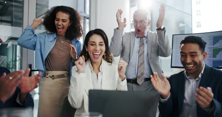 Canvas Print - Meeting, applause and business people wow in office with success, achievement or good news. Happy, clapping and project management with teamwork win, discussion and celebration in workplace boardroom