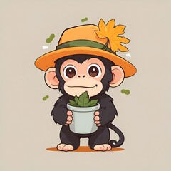 Canvas Print - Cute Monkey with a Hat and Plant