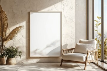 Poster Frame in Beige minimalist living room interior created with generative AI