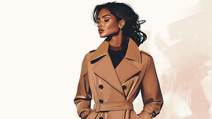 A stylish woman in a brown trench coat poses against a white background.