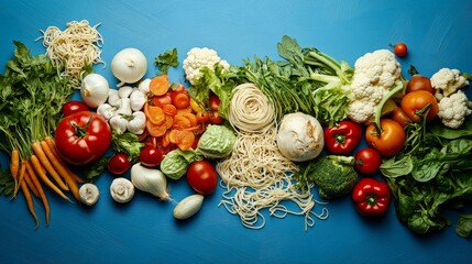 Vibrant display of colorful vegetables and noodles on blue background for healthy eating inspiration