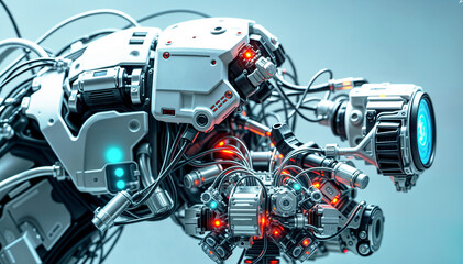 a robot with a lot of intricate mechanical parts and wires, indicating a complex and advanced design.