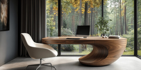 Modern Scandinavian Home Office with Wooden Desk and White Chair by Window