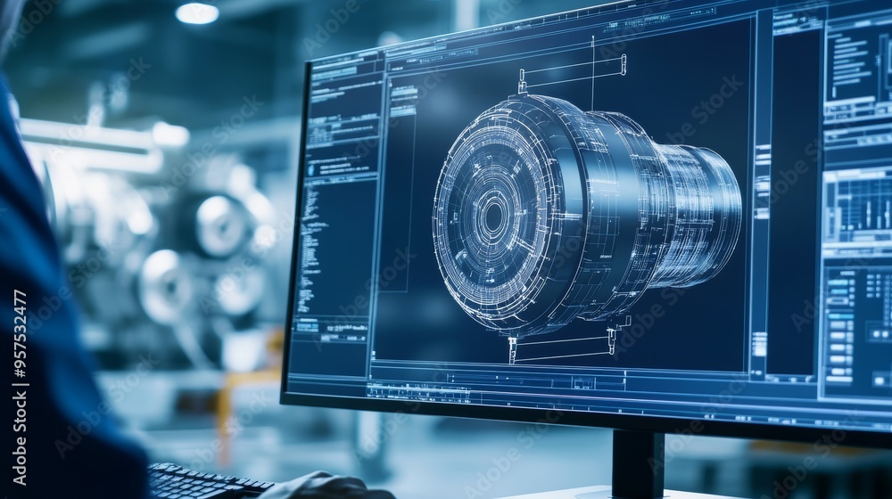 Engineer intently studying electric motor blueprints on advanced ...