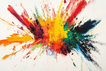 Vibrant abstract expressionist artwork of an explosion against a white canvas with colorful splashes