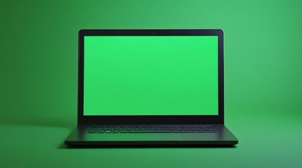 Wall Mural - Black Laptop with Green Screen Display on a Green Background