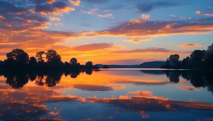 Wall Mural - At sunset, the calm lake surface, the sky is dyed into a gradient of orange and blue, and there are tree shadows in the distance, showing the beauty and harmony of nature.