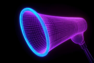 Wall Mural - Purple blue neon wireframe megaphone icon isotated on black background.