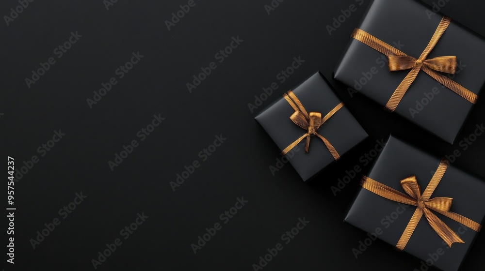 Black gift boxes on dark textured background with space for text Stock ...