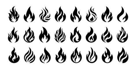 Wall Mural - Collection of simple fire flame vector silhouettes bundle isolated on white background.