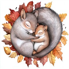 two squirrels, mom and child, cuddling in sleep, surrounded by autumn leaves against white background. World Children's Day, sleeping animals, squirrel family, family day concept. card, print, decor.