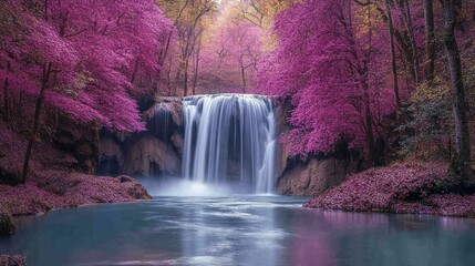 Canvas Print - Tranquil Waterfall in Pink Forest