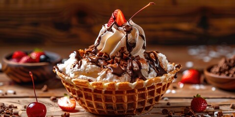 Poster - Ice cream sundae in a waffle bowl on rustic wooden table