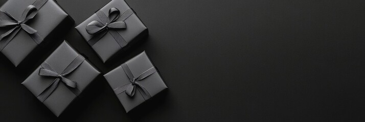 Black gift boxes on dark textured background with space for text