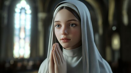 Generative AI picture of blessed young sister church nun praying have faith believe in God happiness