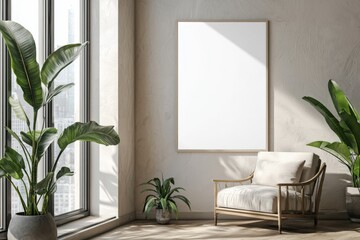 Poster Frame in Beige minimalist living room interior created with generative AI