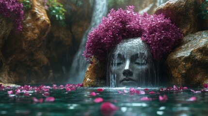 Poster - Waterfall and Stone Head Sculpture in a Lush Garden