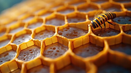 Wall Mural - A close-up of a honeycomb with a bee perched on the edge of a cell. The honeycomb is made of wax and has a golden color. The bee is black and yellow with stripes. The background is blurred.