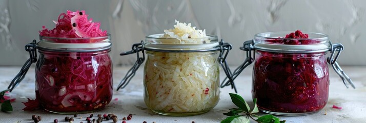 Wall Mural - Homemade sauerkraut in a glass jar with bright red juice, accompanied by an economical vegetable salad and a fresh vegetarian salad showcasing cabbage, beetroot, bay leaf, and allspice.