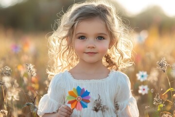 Canvas Print - A little girl with a flower in the field