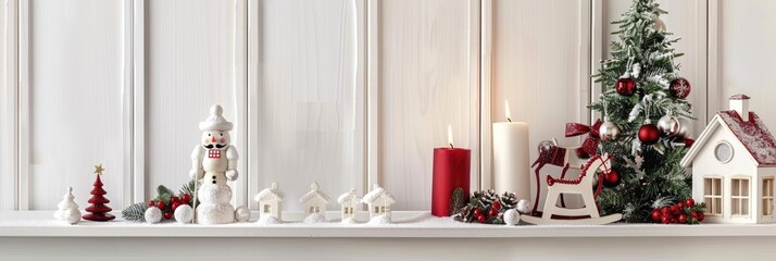 Wall Mural - Festive Christmas d�cor featuring house-shaped nutcracker candles, a rocking horse, and a natural Christmas tree displayed on a white shelf with an empty frame for text in a horizontal format.