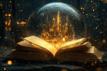 A book is open to a page with a city inside of a glass sphere