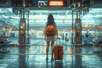 Young traveler with orange backpack and suitcase awaiting train at bustling urban station on a bright day in the city