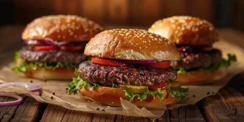 Sticker - Grilled burgers beautifully presented on a wooden table