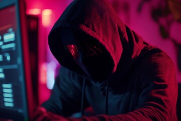 Masked criminals in black hoods hacking into cyber data  a look at digital security threats