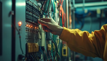 Close up of engineer inspecting voltage levels at circuit breaker in power distribution board