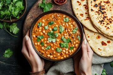 female hands holding a bowl and eating traditional indian punjabi dish dal makhani with lentils and 