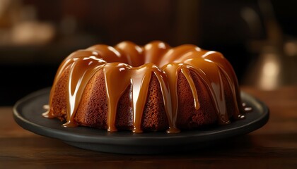 Wall Mural - Caramel-Drizzled Bundt Cake on a Black Plate