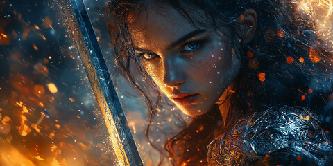 Warrior princess holding a magic sword. Page Header or Banner