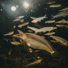 Canvas Print - A spotted fish with long whiskers swims in a dark tank. AI.