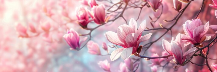 Wall Mural - Stunning Pink Magnolia Tree in Full Bloom Creating a Magical Floral Wonderland of Spring