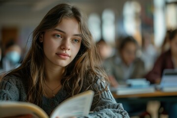 Canvas Print - A young woman sits in a classroom, reading a book. AI.