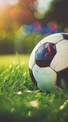 A soccer ball sits in the grass on a sunny day. AI.