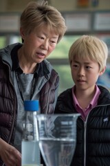 Poster - A teacher and student look at a science experiment. AI.